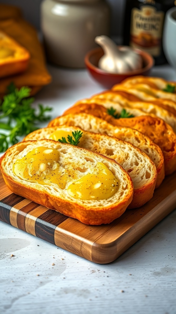 Sliced vegan garlic bread on a wooden board, brushed with garlic oil and garnished with parsley.